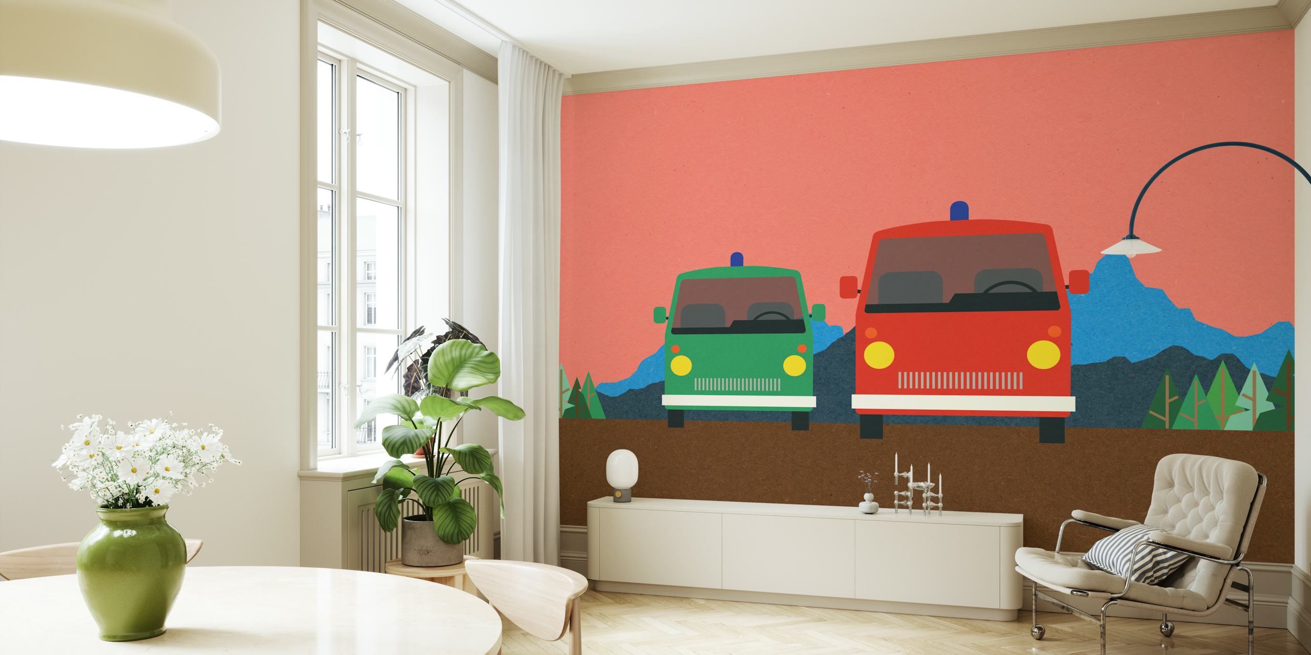Fire engine and police vehicle illustration in vibrant colors wallpaper